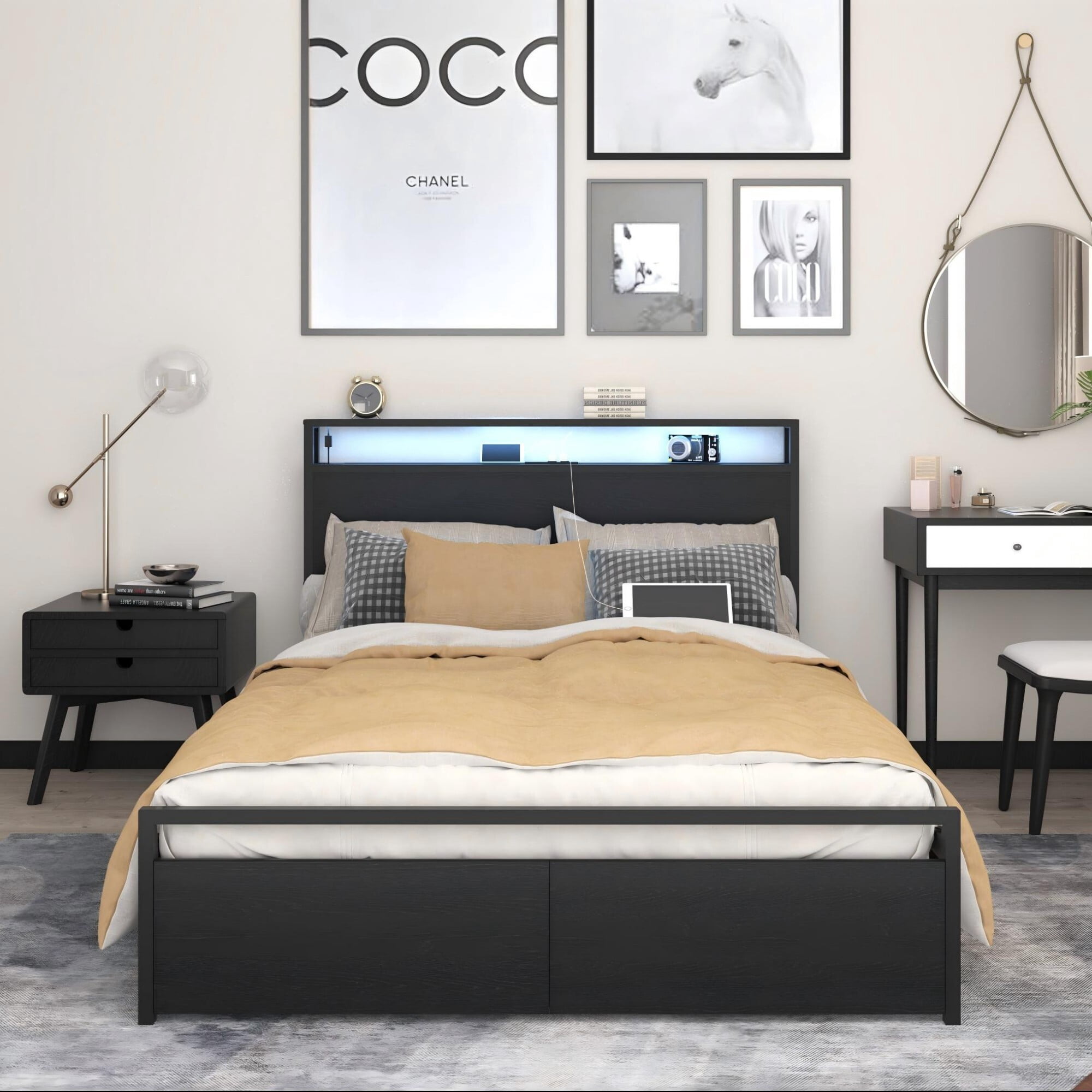 AENKYO Full Size Bed Frame with LED Lights, Storage Headboard & 2 Drawers, Built-in Charging Station, Antique Black