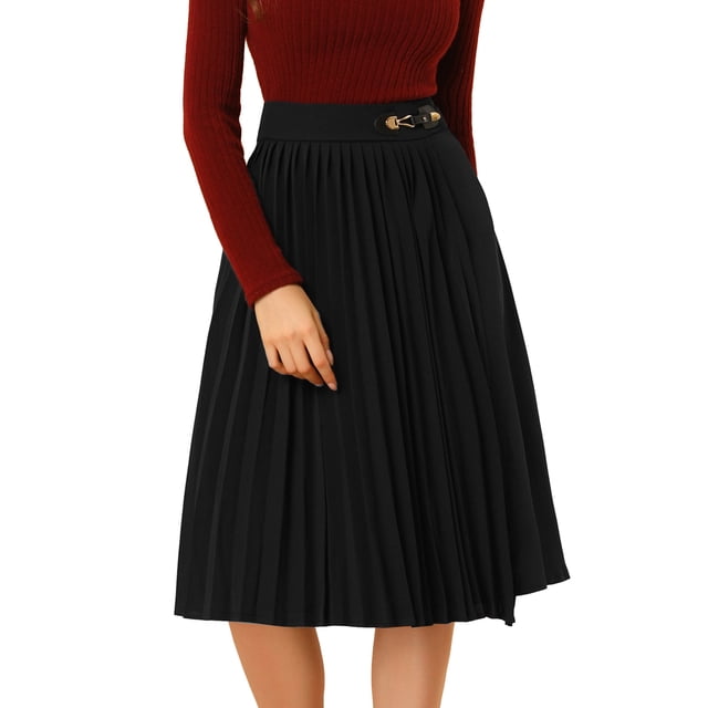 INSPIRE CHIC Falda plisada de cintura alta hasta la rodilla retro para mujer Negro L