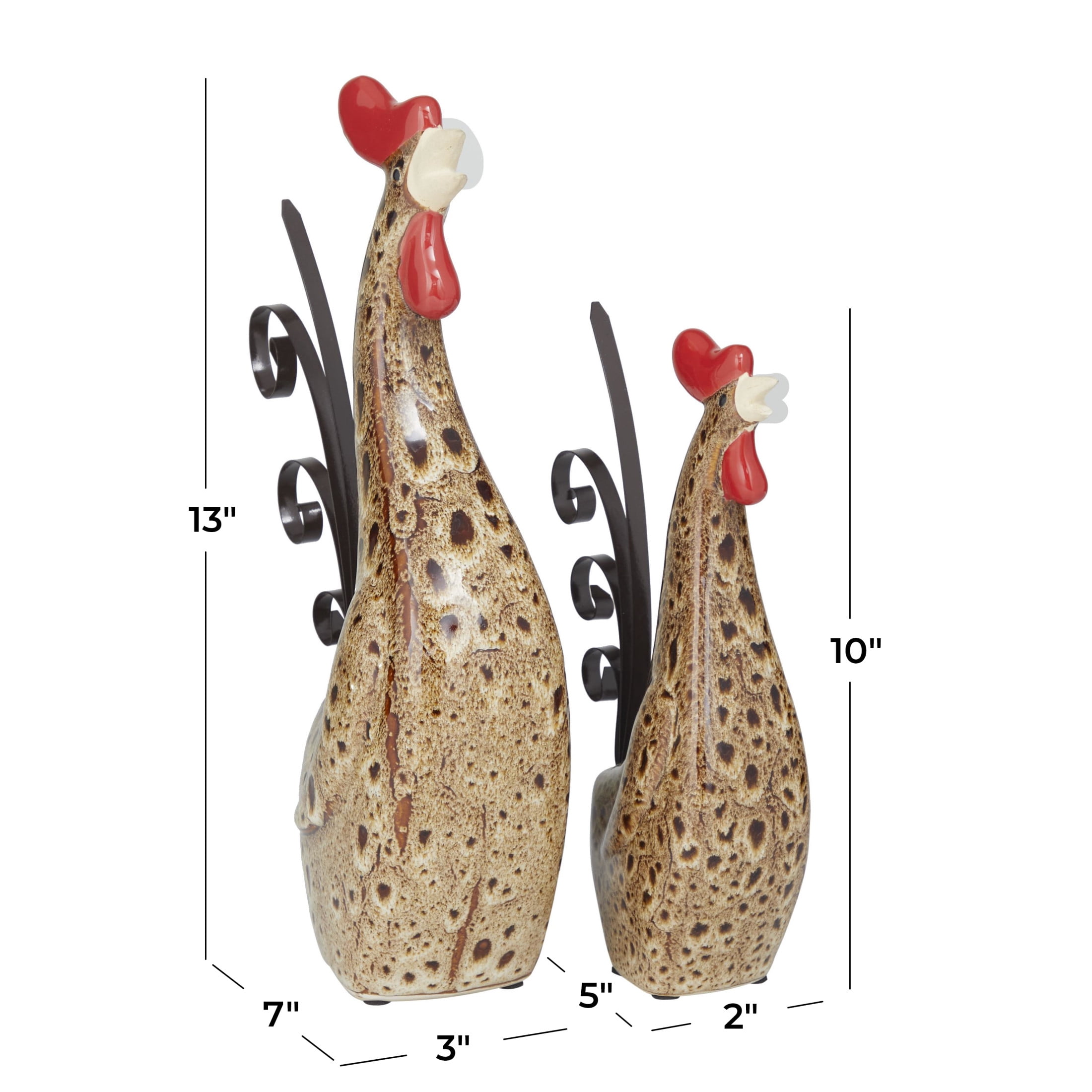 DecMode 10" Indoor Outdoor Standing Rooster Garden Sculpture with Reactive Glaze Finish (2 Pack)