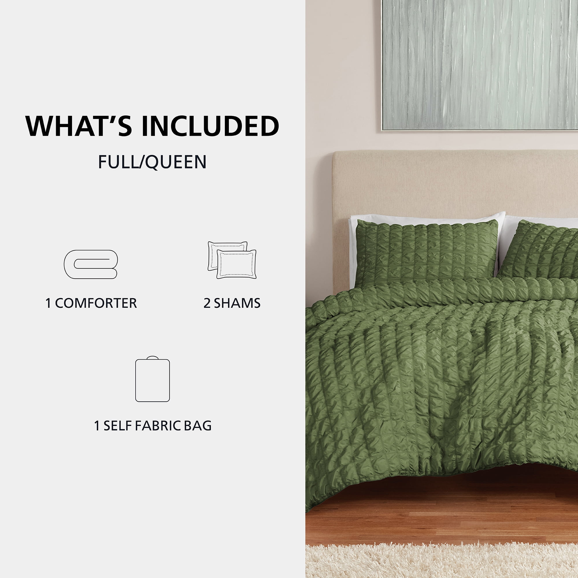 Mainstays Full/Queen Comforter Set, All-Season, 3-Piece, Green Puffy Seersucker