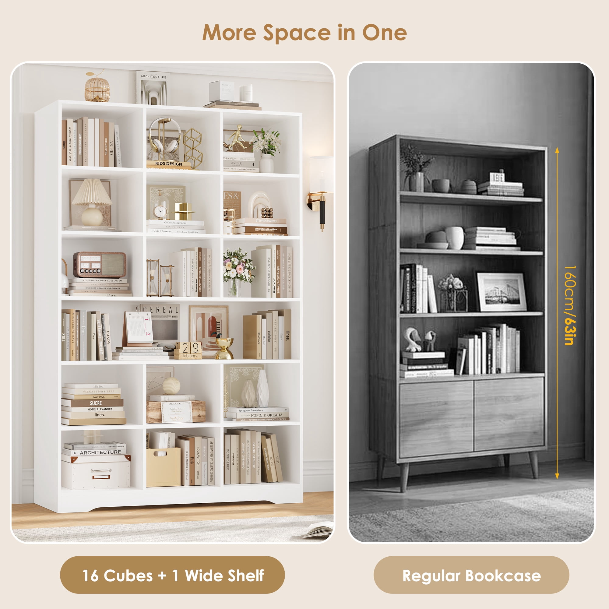 Hiphuta 76"H x 47"W Wood 6-Tier Standard Bookcase, Tall Bookcase for Bedroom, Freestanding 18 Cubes Display Storage Shelves, Living Room and Office, White