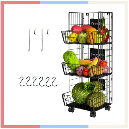 

3-Tier Fruit Storage Basket Wall-Mount Storage Stand for Kitchen in Black