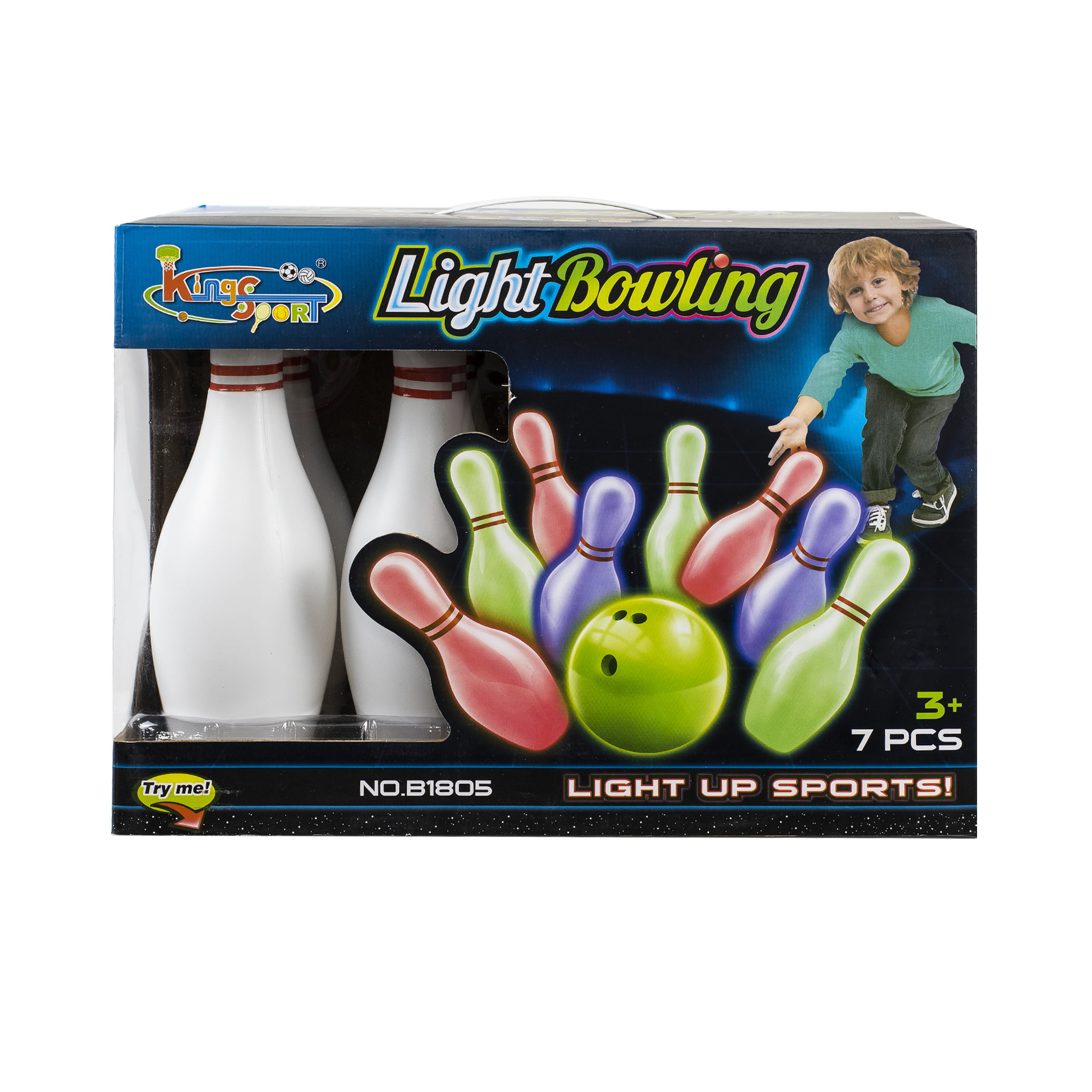 BOYS GIRLS MULTICOLOUR FLASHING 8 LIGHT UP BOWLING SET WITH CARRY CADDY 