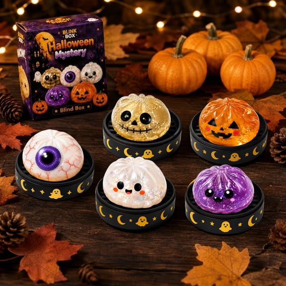 5 Pack Halloween Mystery Squishy Blind Box Toys, Random Spooky Glitter Squeeze Balls with Holders, Stress Relief Fidget Toys for Trick‑or‑Treat, Party Favors & Collectible Gifts