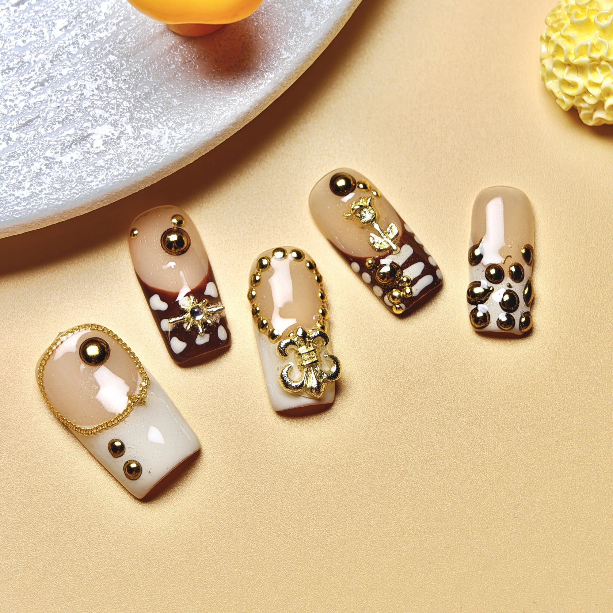 10pcs Square Medium Handmade Y2K Nails - Brown & Nude Designs, 3D Gold Beads, Chains & Floral Accents, Summer, Independence Day, Goth & Vintage Style