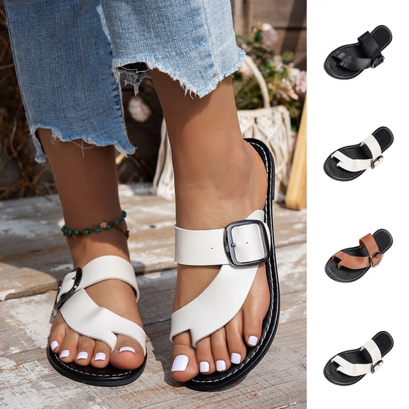 Miluxas Flat Leather Sandals for Women Dressy Sandals with Open Toe Ring Loop Strap Slip on Slide Slippers Flip Flops White 9.5(43)