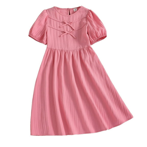 Drses‌ ‌‌‌‌‌‌‌‌‌‌2025 Girls' Summer Dress (Ages 8-13) - Crew Neck Short Sleeve A-Line Knit Casual Dresses with Ruffles & Bow Details