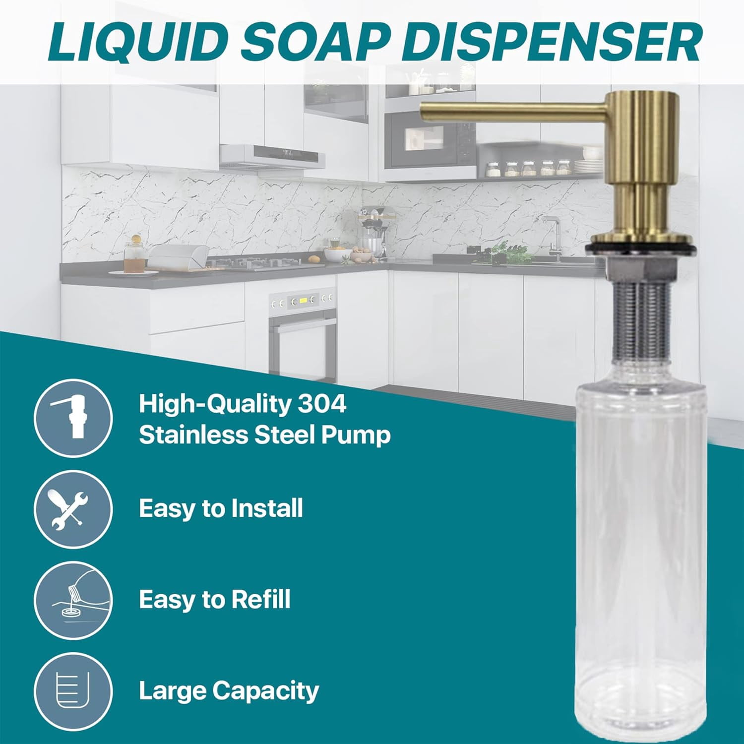 Strictly Sinks Contemporary Liquid Soap Dispenser - Stainless Steel Dish Soap Dispenser, Refillable Kitchen Soap Dispenser for Kitchen Sink, Soap Dispenser Bottle with Stainless Steel Pump