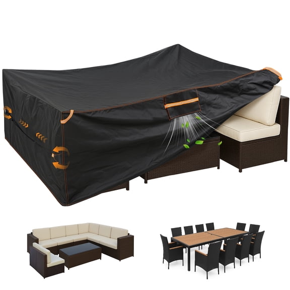 YEERSWAG Extra Large Outdoor Furniture Cover Waterproof, 124" x 63" x 29" Patio Set Cover Weatherproof 420D Oxford Outdoor Dining Set Cover with Vent for Outside Tables, Sofa, Chairs, Black