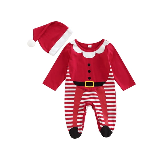 Bagilaanoe Newborn Baby Girl Boy Christmas Jumpsuit Striped Patchwork Footed/Footless Bodysuit   Hat 3M 6M 12M 18M Infant Ribbed One Piece Romper