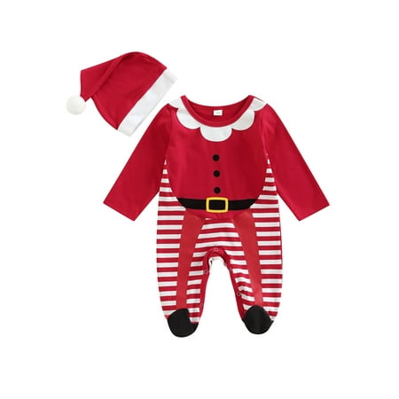 

Franhais Baby Christmas Jumpsuit Set Long Sleeve Crew Neck Striped Patchwork Romper with Hat