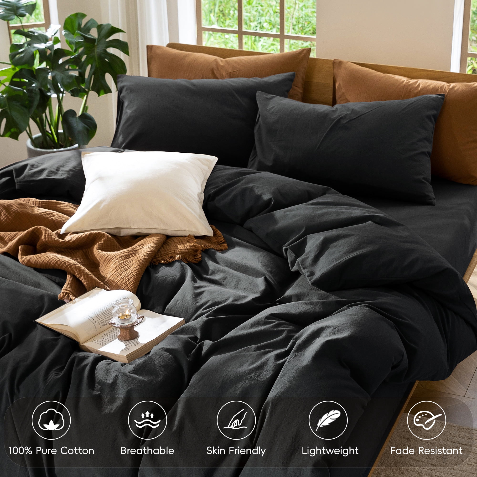 MooMee Duvet Cover Set Full 100% Washed CottonLinen Like Textured Breathable 3-Piece (Black, 80"x90")