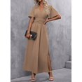 thumbnail image 3 of Mocha Brown V-Neck Butterfly Sleeve High Slit Maxi Dress For Women, 3 of 7