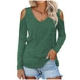 thumbnail image 1 of Yuyuzo Women Long Sleeve Tops Cold Shoulder V Neck Shirts Solid Color Loose Basic Tees Top, 1 of 6