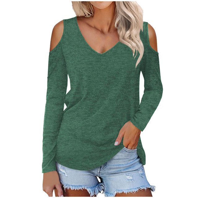Yuyuzo Women Long Sleeve Tops Cold Shoulder V Neck Shirts Solid Color Loose Basic Tees Top