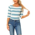 thumbnail image 1 of Inspire Chic Conjunto Camisetas Rayadas para Mujeres Ajustadas de Manga Codo Cuello Barco T-Shirt S Gris Azul Blanco, 1 of 6