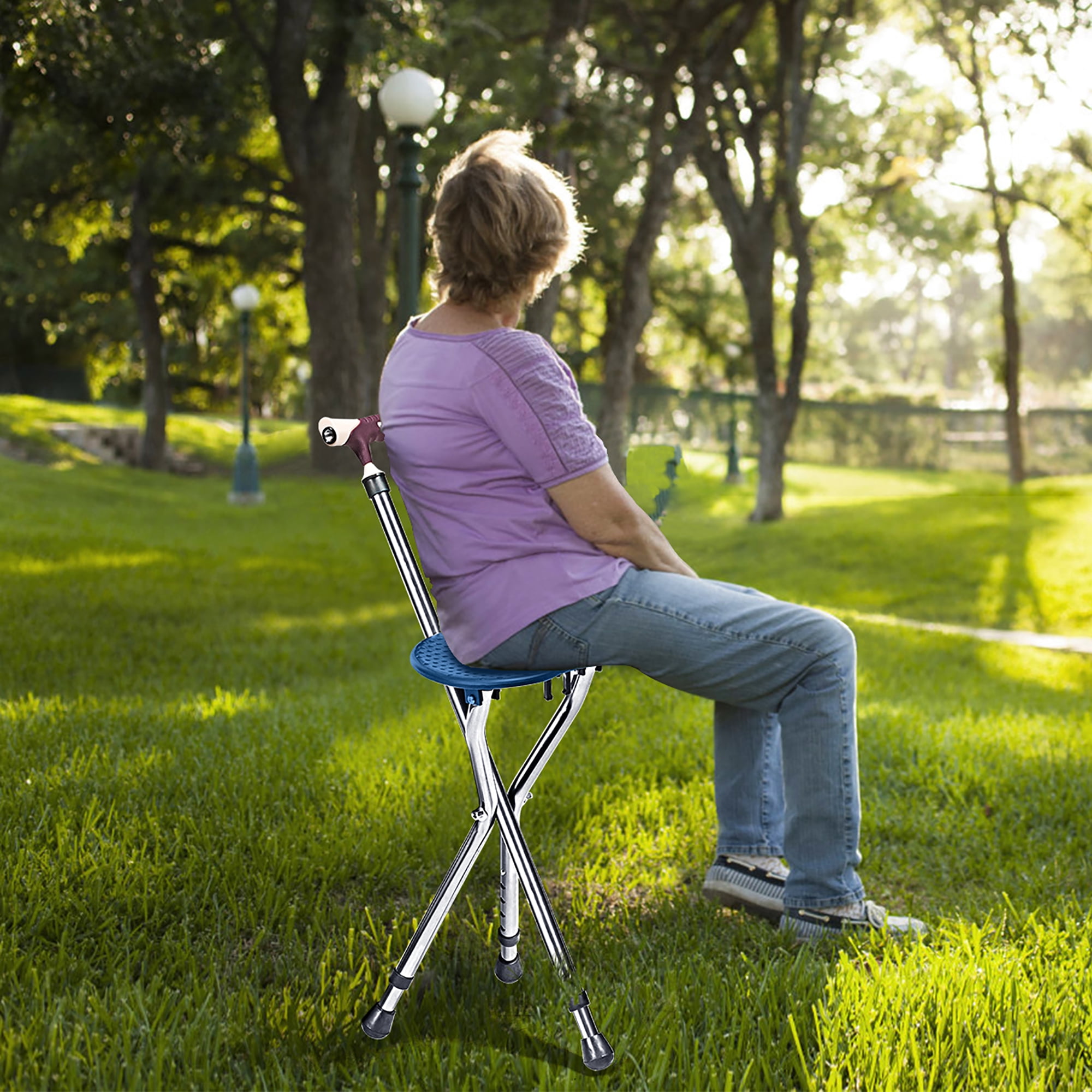 Goplus Adjustable Folding Cane Outdoor Seat Stool Aluminum Alloy Crutch Chair with Light Blue