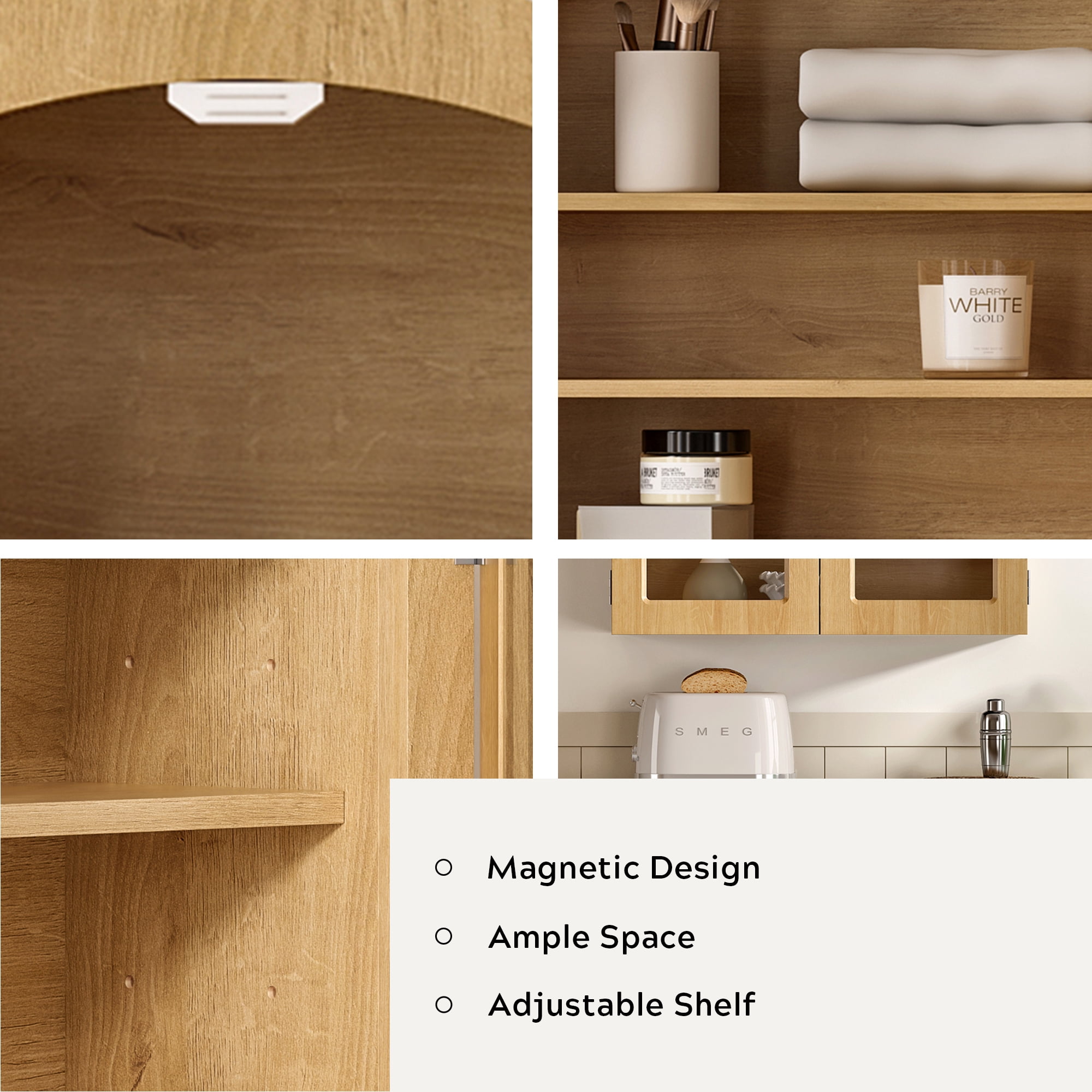 Joyyskill Arched Bathroom Wall Cabinet Modern Wooden Medicine Cabinet with Acrylic Doors, Farmhouse Wall Mounted Cupboard Storage Organizer, Natural Oak