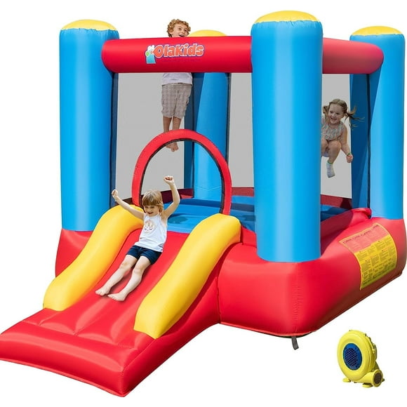 OLAKIDS Inflatable Bounce House with Blower, 3 in 1 Kids Jumping Castle with Large Bouncing Area, Slide, Basketball Rim, Inflatable Obstacle Course with Carry Bag, Repair Kit (with 480W Blower)