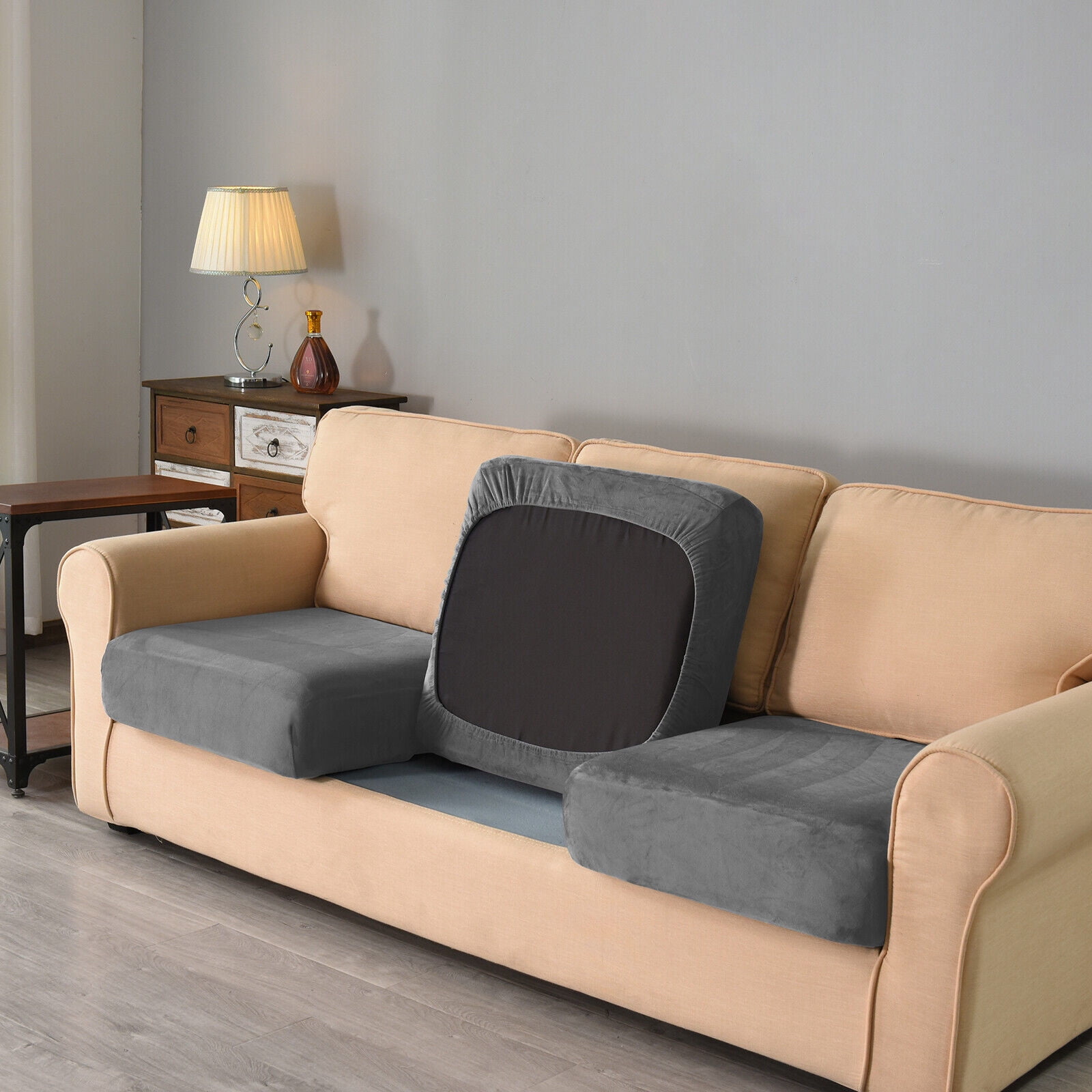 TOPCHANCES 3-Pieces Armchair Sofa Covers, Velvet Stretch Couch Slipcovers for 1 Cushion Sofa, Anti-Slip Furniture Slipcover with Separate Cushion Covers and Backrest Covers (Dark Grey)