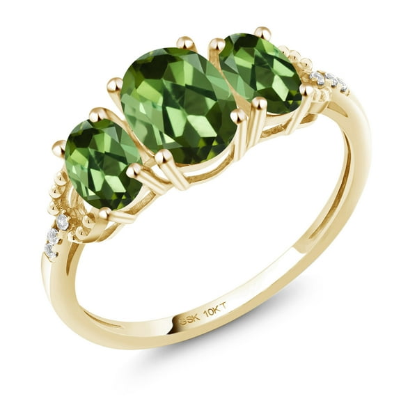 Gem Stone King 10K Yellow Gold Oval Green Tourmaline and Diamond 3 Stone Engagement Ring for Women (1.72 Cttw, Size 6)
