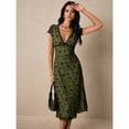 thumbnail image 3 of Army Green Ditsy Floral V-Neck Midi Dress With Short Sleeves And Black Trim Detail, 3 of 7