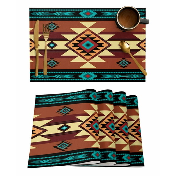 Placemats Set of 4, Turquoise Red Woven Placemat, Linen Place Mats for Kitchen/Dining Tables, Southwest American Native Abstract Pattern Washable Table Mats for Party