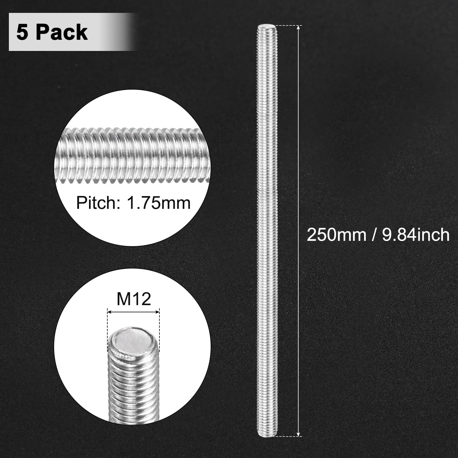 Uxcell 5-Pack Fully Threaded Rod, M12x250mm 304 Stainless Steel Right Hand Thread Bar Studs