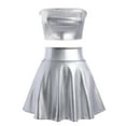 thumbnail image 3 of Women's 3Piece Metallic Outfit Shiny Crop Top + Silver Flared Skirt + Alien Headband Halloween Costume Clubwear Musical Festival Rave Outfit M Silver, 3 of 8