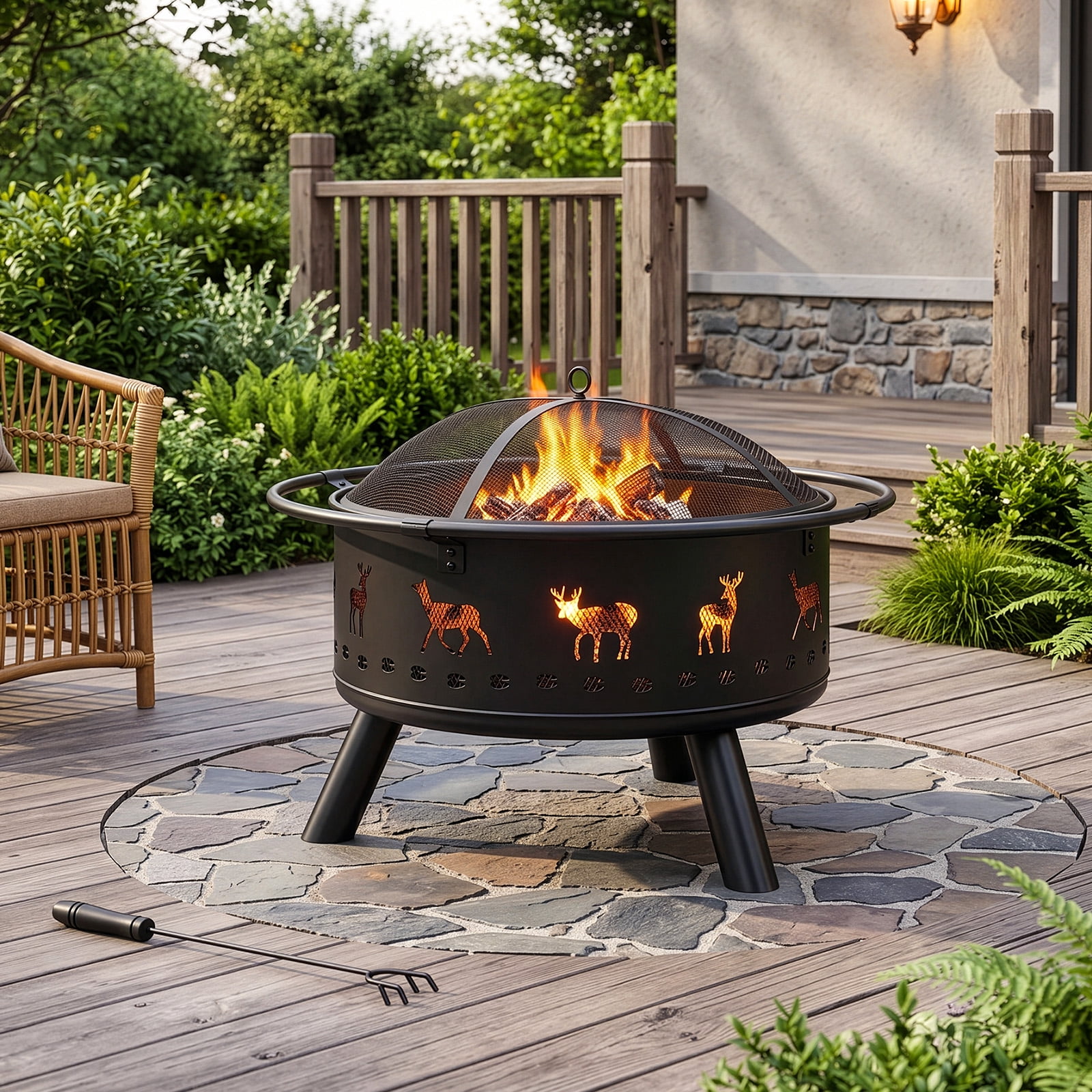 30 Inch Round Outdoor Wood Burning Fire Pit, Heavy Duty Wrought Iron Firepit with Hinged Spark Screen Lid & Lift Ring, Decorative Elk Cutout Patio Fire Pit for Backyard, Garden, Lawn and Camping