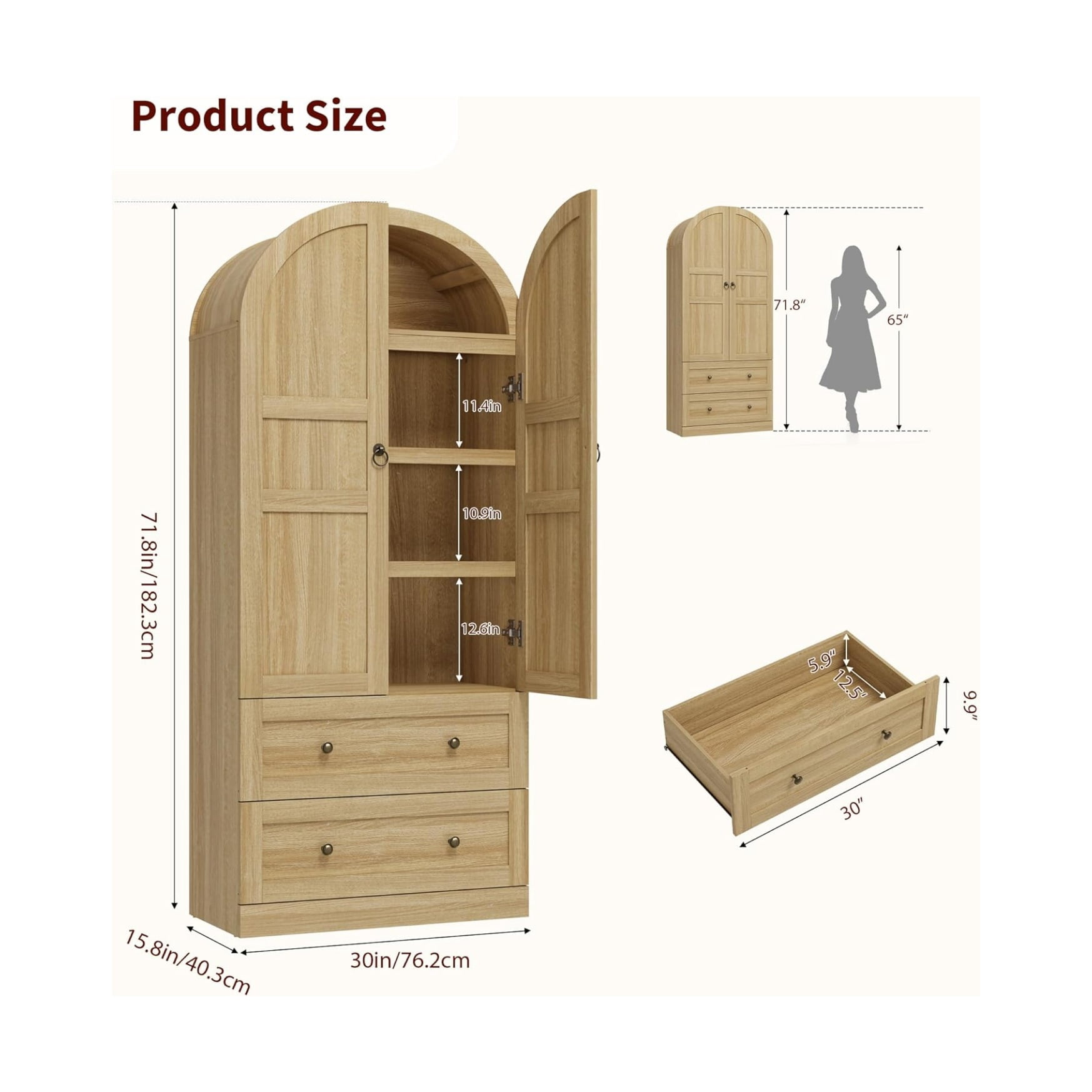 72" Tall Arched Kitchen Pantry Cabinet, Farmhouse Wood Pantry Storage Cabinet with 2 Large Drawers, Wood Door, Freestanding Versatile Pantry Cabinets for Dining, Living Room