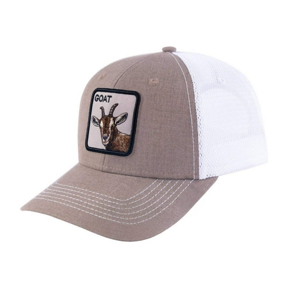Unisex Embroidered The Goat, 6-Panel Trucker Hat, Light Brown/White, Adjustable Fit