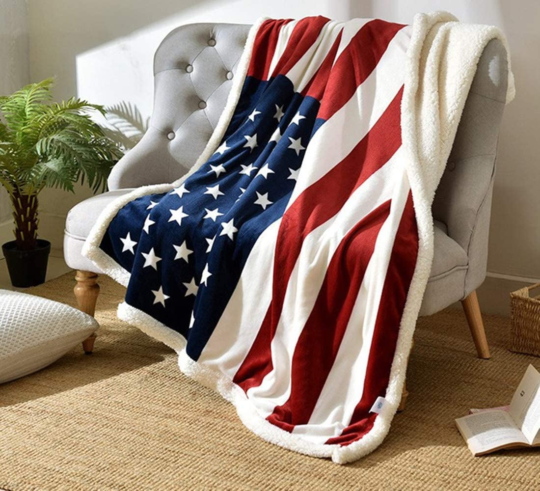 US Flag Patriotic Sherpa Throw Blanket 50''×60'', American National Flag Fleece Blanket for Bed/Couch/Sofa/Office/Camping, USA Military Veteran July 4th Gift