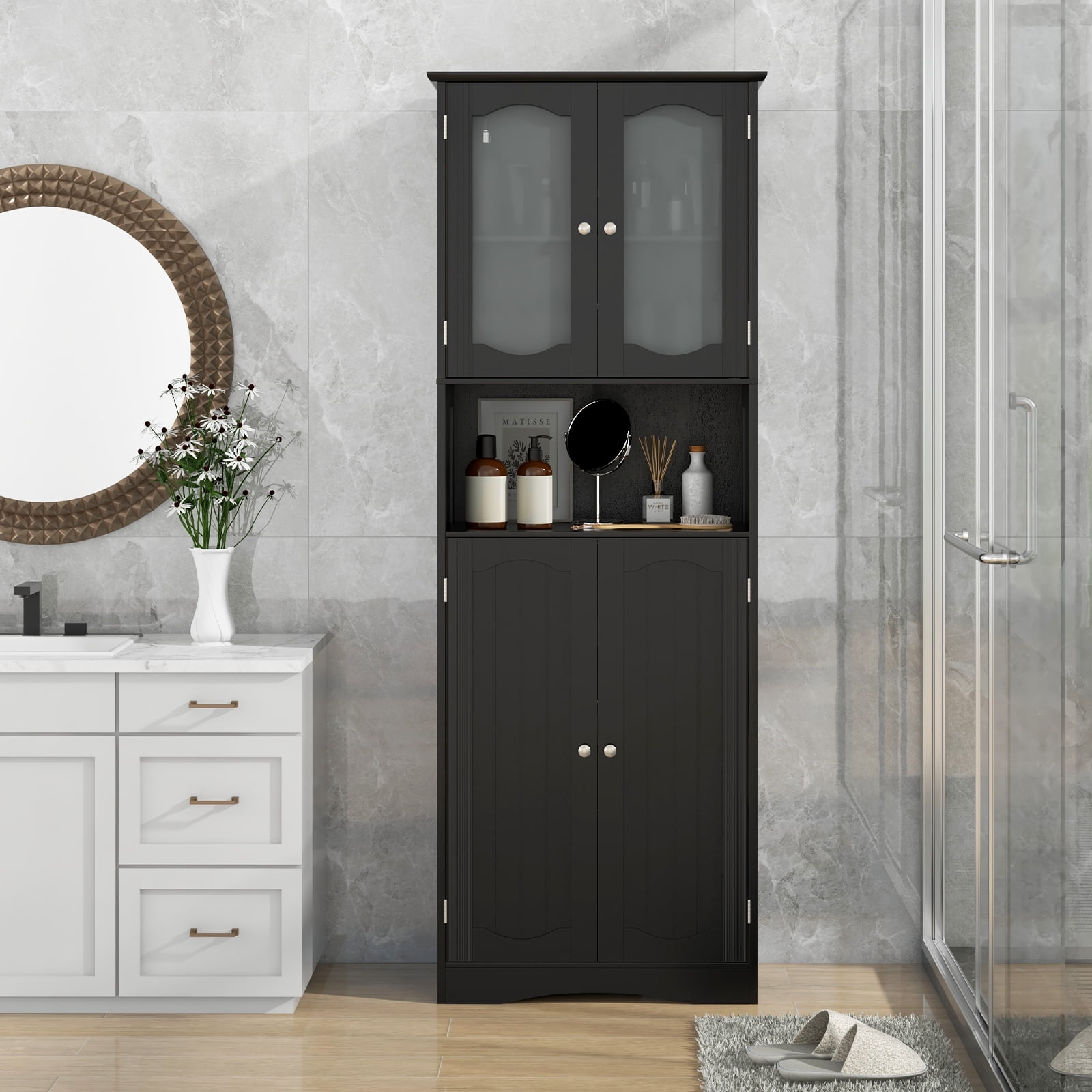 Giantex 64.5" Tall Bathroom Storage Cabinet, Freestanding Linen Cabinet, Kitchen Pantry Cabinet, Black