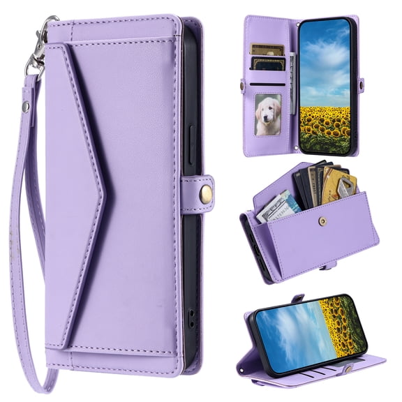 Compatible with iPhone 17 Envelope Style Wallet Case, with Wrist Strap Crossbody Strap, Flip Card Holder Stand Rugged Cell Phone Cover for iPhone 17 Women Men - Purple