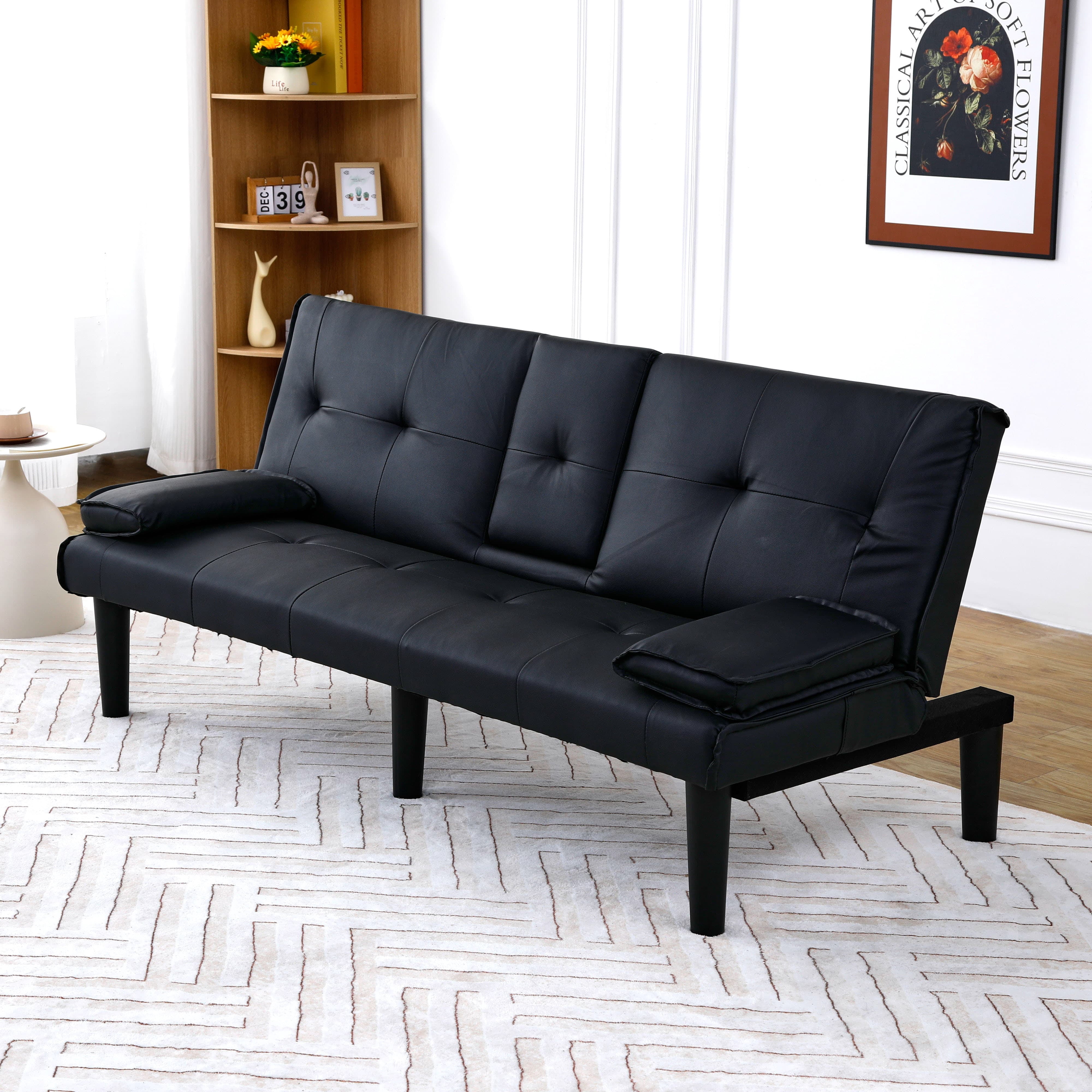 MAYEERTY 67" Convertible Sofa Bed PVC Loveseat Sofa with Cup Holder for Apartment, Living Room, Small Space, Black