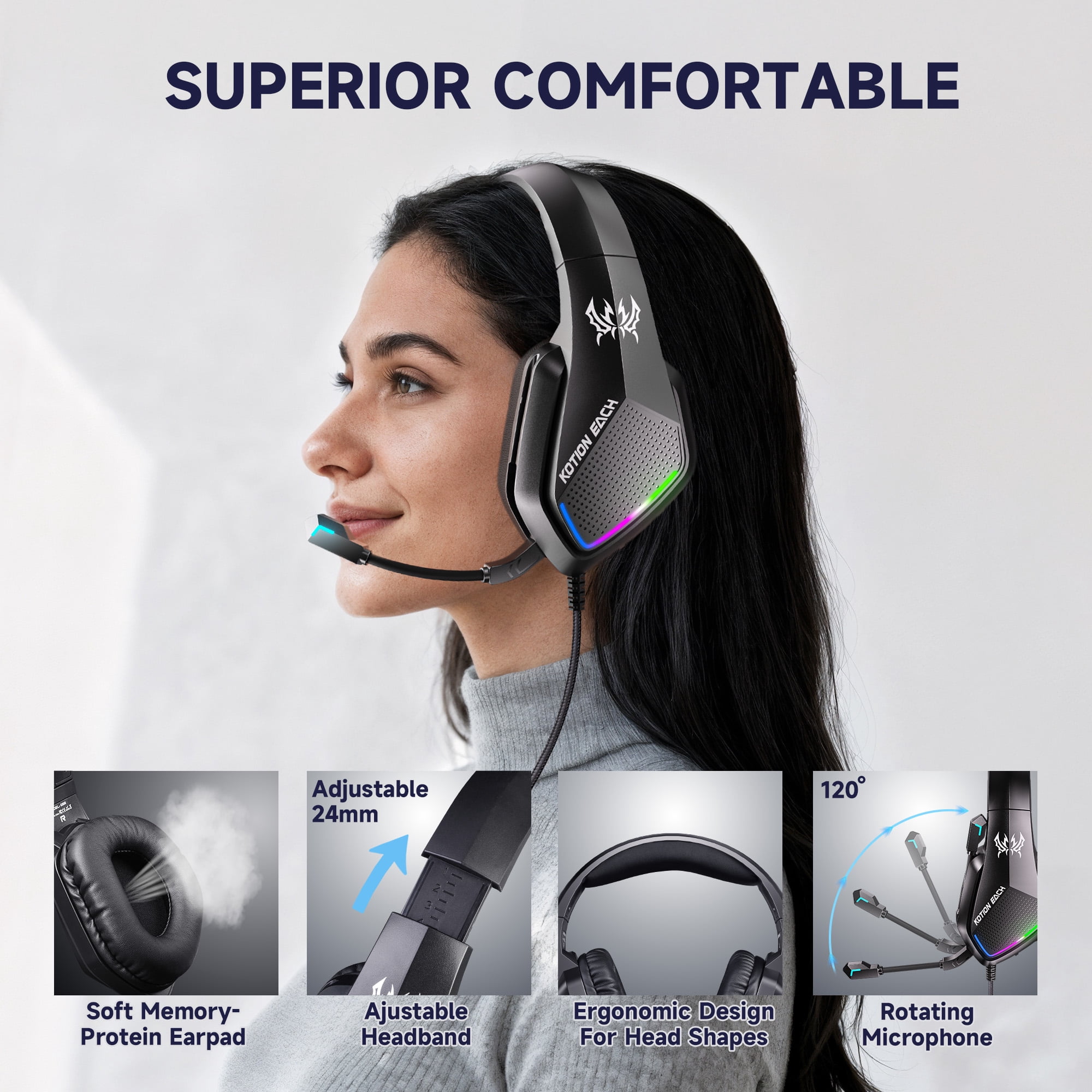 Gaming Headset for PS5, PS4, Xbox Series X/S, Xbox One, PC, Wired Over Ear Gaming Headphone with Noise Canceling Mic & Stereo Bass Surround Sound & LED Light - Black