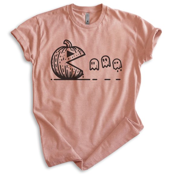 Pumpkin And Ghost T-shirt, Unisex Women's Men's, Horror Video Game Lover Classic Retro Halloween Gift, Heather Sunset, Medium