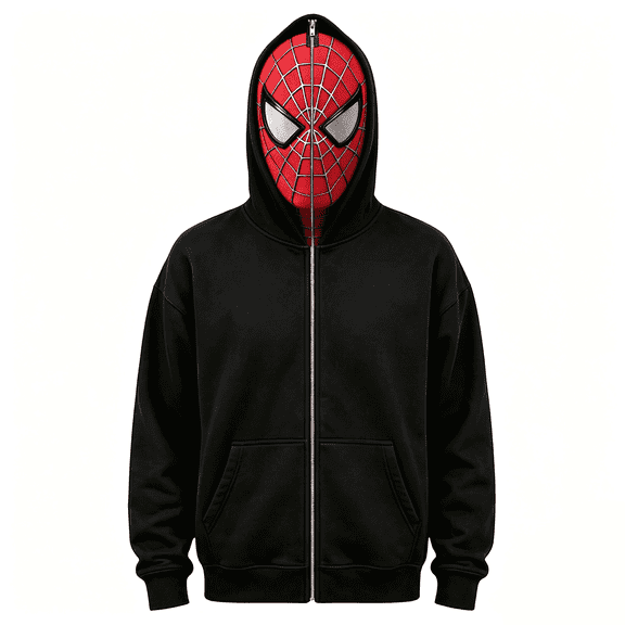 Guvpev Unisex Superhero Full Zip-Up Mask Hoodie, Heroes Cosplay Costume Hooded Sweatshirt with Front Pockets, Full Face Graphic Novelty Outerwear for Halloween Party & Fancy Dress Up