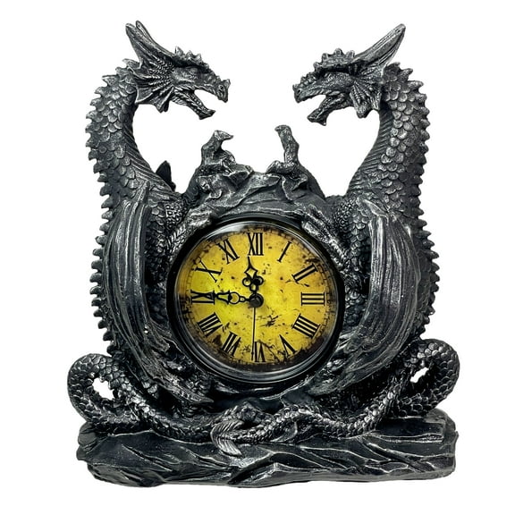 Zeckos Twin Evil Dragons Antiqued Mantel Clock Table Desk
