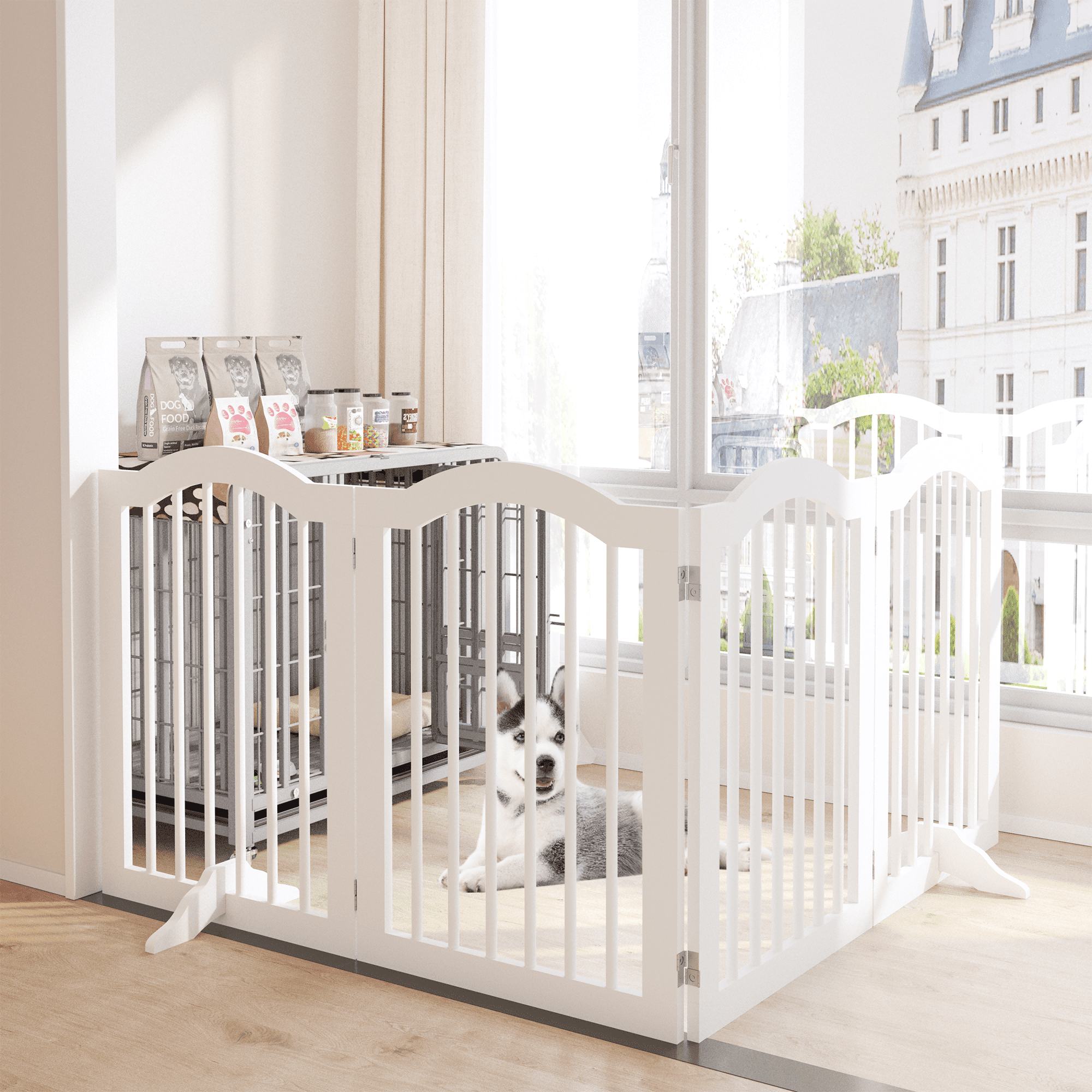 27.6" Tall Freestanding Pet Gate, 4 Panels Foldable Dog Gate, Wood Safety Fence, Dog Gate with 2 Support Feet for Stairs, Doorways, Halls, Kitchens