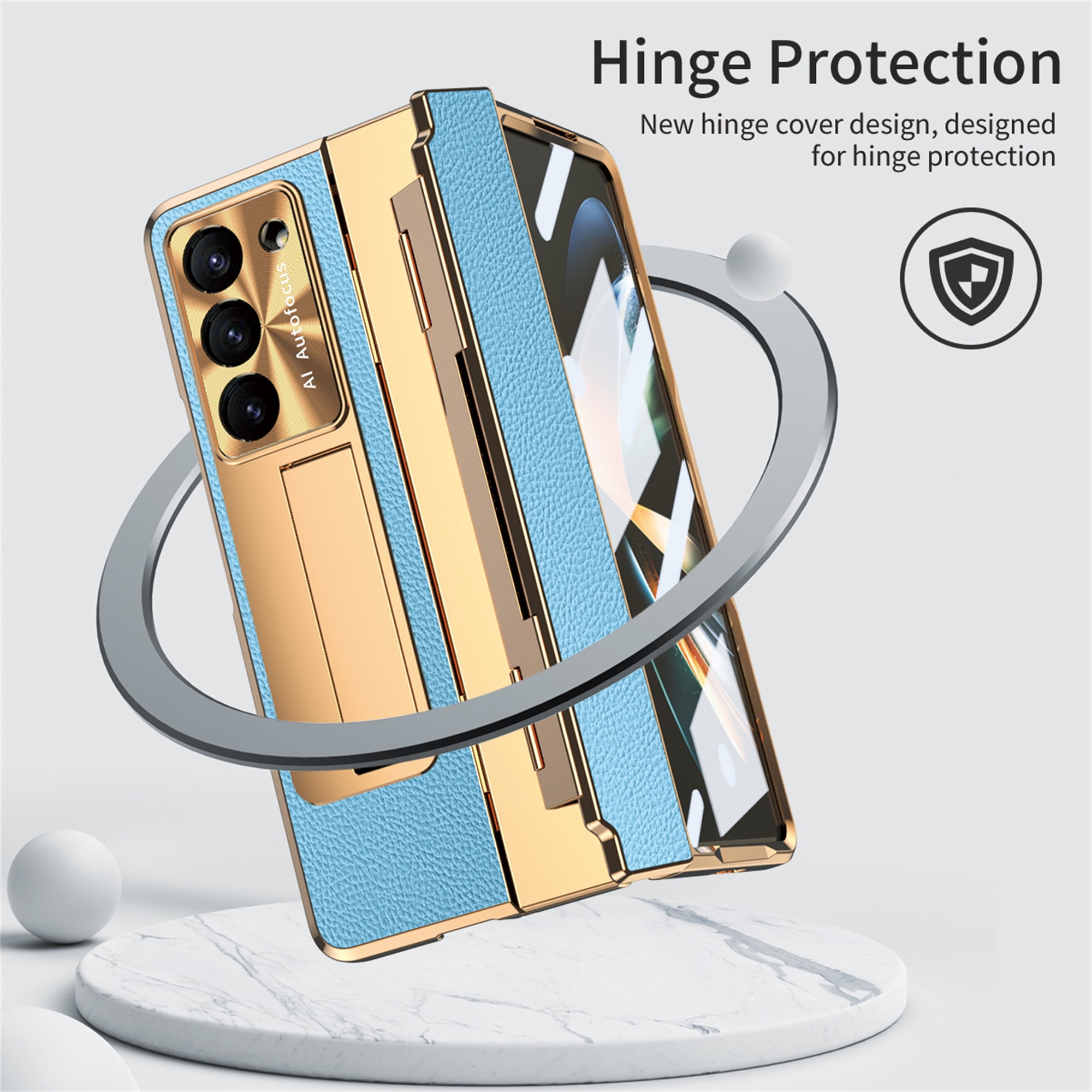 Allytech Galaxy Z Fold4 Case with Screen Protector, Kickstand Rugged Protective Shockproof Anti-Scratch Hinge Protection Phone Case for Samsung Galaxy Z Fold 4 - Blue+Gold