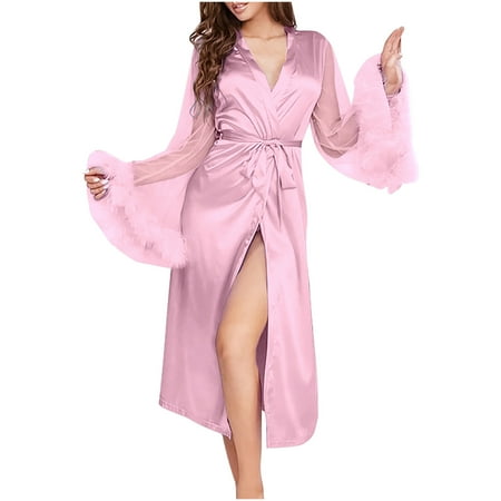 Valentine s Day Clearance Sale!YANHAIGONG Women Feather Lace Sleeve Robe  Plus Size Women Robes Clearance Mesh Patchwork Sexy Lace Lingerie Robe Sexy Robes for Women Christmas