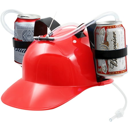 Novelty Place Guzzler Drinking Helmet - Can Holder Drinker Hat Cap with Straw for Beer and Soda - Party Fun - Red