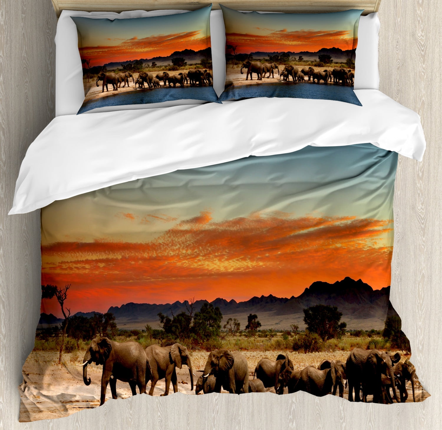 Safari Duvet Cover Set, Herd of African Elephants Watering In