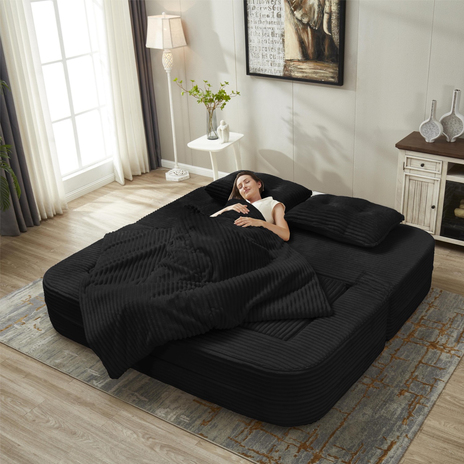 80" Convertible Sectional Sofa Bed with Independent Chaise Lounge, Corduroy Deep Seat Couch, King Size Floor Sleeper Sofa with Convertible Blanket, Black