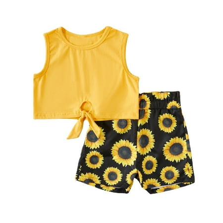 

Toddler Baby Girls Clothes Baby Girls Outfits Little Girls Bow-Knot Sleeveless Tops Floral Shorts 2PCS Set Yellow 5-6T