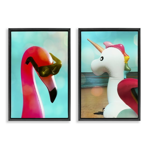 Stupell Industries Unicorn & Flamingo Basking Nautical & Beach Painting Black Floater Framed Canvas Art Print Wall Art, 17 x 25, Set of 2