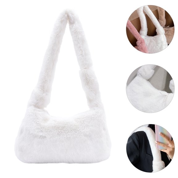 MOKKHNB White Plush Shoulder Bag for Women, Lightweight Fashion Tote Handbag, Versatile Everyday Carry