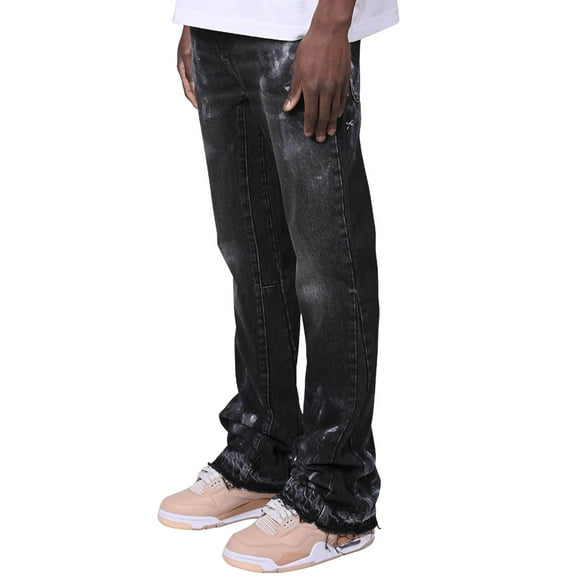 QHFBli Mens Slim Fit Stretch Denim Jeans - Dark Wash Men's Stretch Denim Jeans with Patchwork Color Block Print Design and Flared Stacked Hem for a Black S